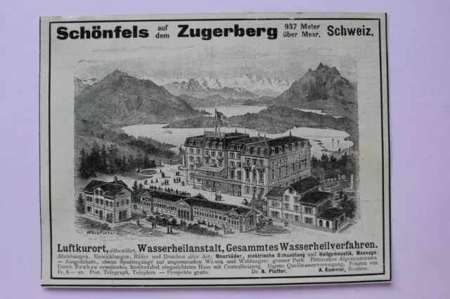 Werbung Anzeige um 1900 Schweiz Schönfels Zugerberg Hotel Gebäude  Holzschnitt