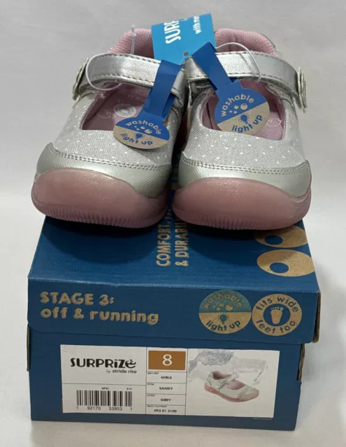 Toddler Girls Surprize by Stride Rite Sandy Light-Up Sneaker Gray Silver Pink 8M 3