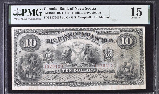 Canada, Bank of Nova Scotia, $10 1924 - Halifax, Nova Scotia PMG 15 Fine