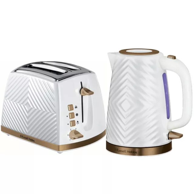 Russell Hobbs Groove Electric Kettle and 2 Slice Toaster Set - White & Gold