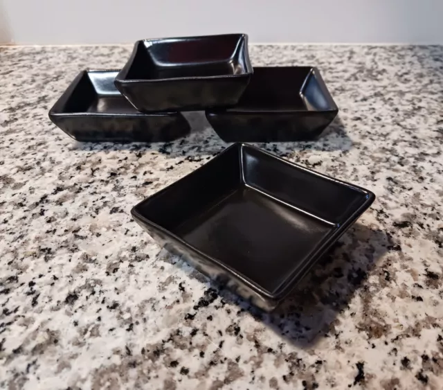 Set of 4 World Market Trilogy Matte Black Ceramic Dip / Sauce Bowls Plates