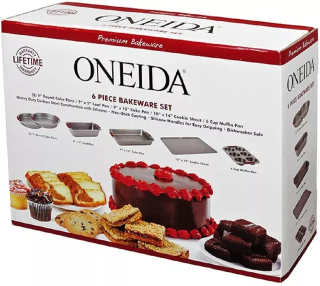 Oneida 6 Piece Bakeware Set Premium Round Loaf Cake Muffin Pan Cookie Sheet