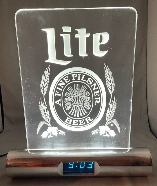 VINTAGE MILLER LITE Acrylic Light Up Bar Sign w/Digital Clock Everbrite