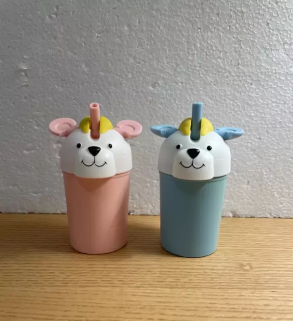 Vintage Sippy Cups Lot of 2 Puppy Dogs Blue & Pink w Straws Toddler Thailand