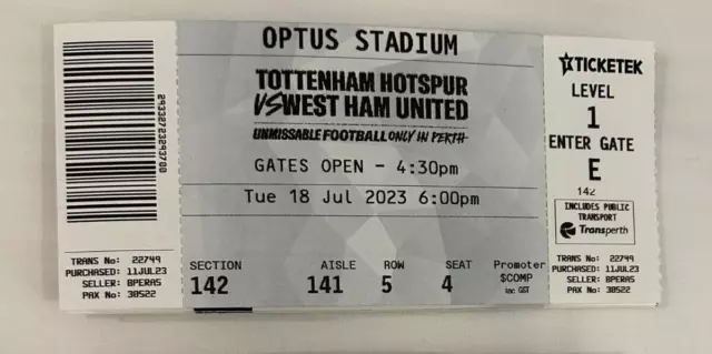 Biglietto West Ham United v Tottenham Hotspur 2023 amichevole @ Australia ultimo uno
