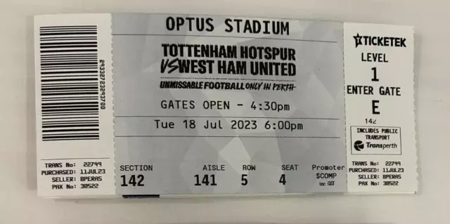 West Ham United v Tottenham Hotspur Ticket  2023 Friendly @ Australia LAST ONE