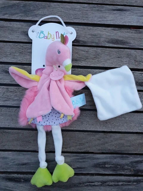 NEUF - Doudou Plat Mouchoir Peluche Rose Blanc Jaune Baby Nat Flamant Rose