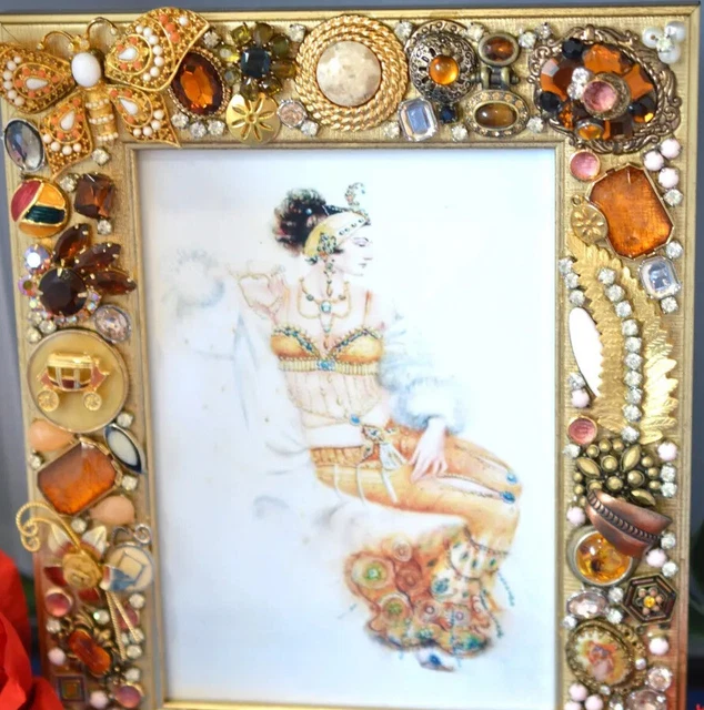 Vintage Jewelry Decorated Art Picture Frame Rhinestone Embellished 5X7 Photo