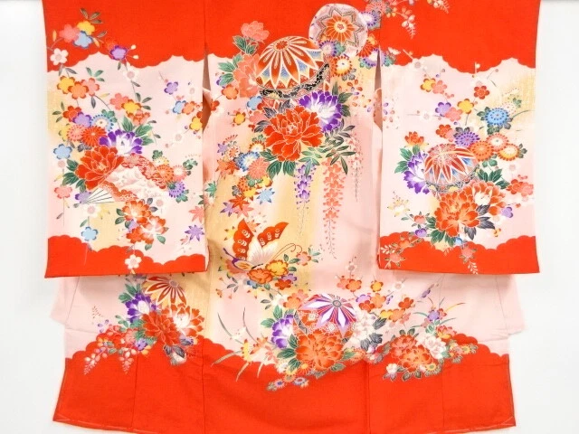 44808# Japanese Kimono / Antique Kimono For Girls / Butterfly & Floral Plant