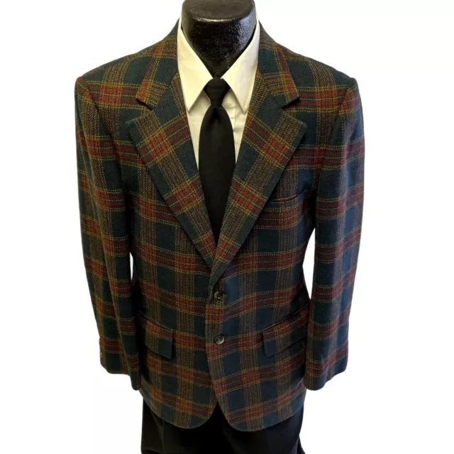 Vtg 60's Chevron Green Gold TARTAN Sport Coat SCOTTISH PLAID Jacket Wool Blazer