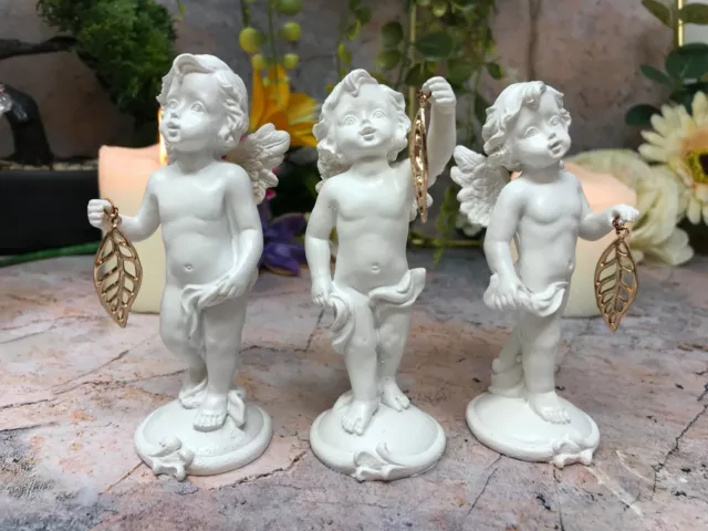 Set of 3 Resin Angel Cherub Figurines with Gold Leaf Charms Decorative Ornaments