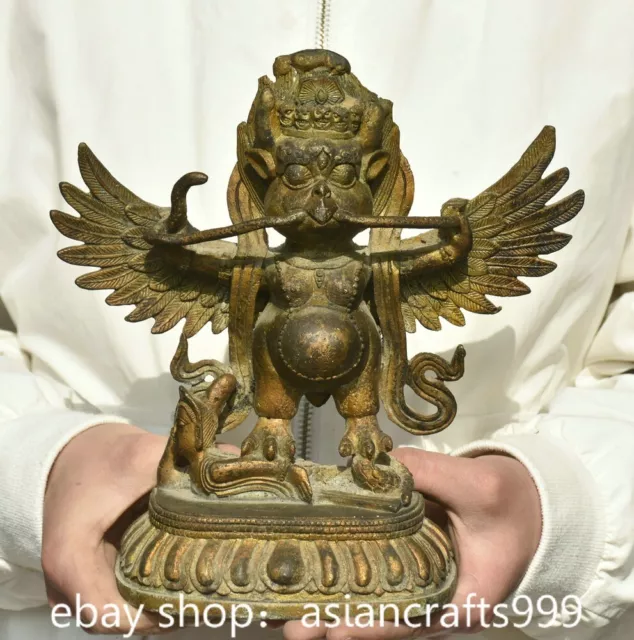 8.8" Alte tibetische Buddhismus Kupfer Redpoll Winged Garuda Adler Buddha Statue