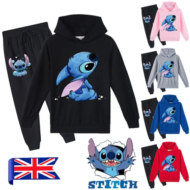 2pcs Stitch Tracksuit Set Hoodies Hooded+Trousers Kids Tops Pants Sweatshirt UK
