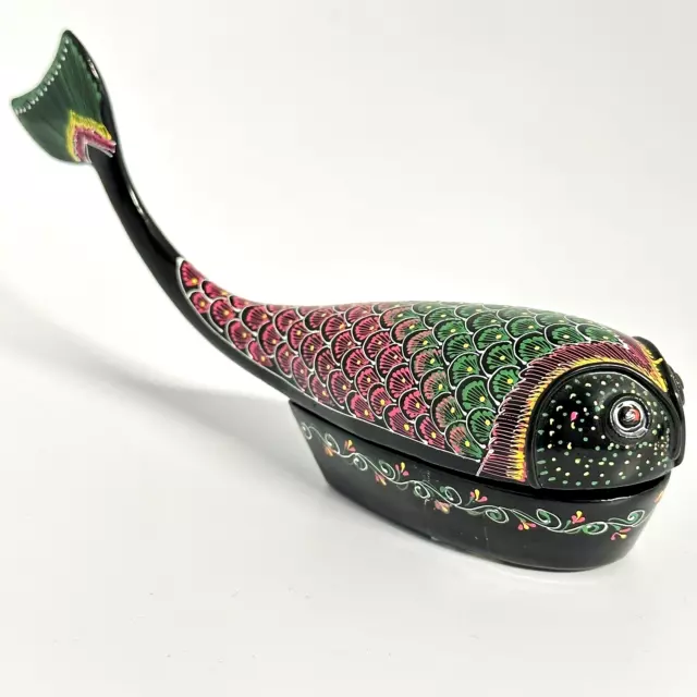 1980s Black Lacquer Hand Painted Multicolor Whale Fish Wooden Trinket Box