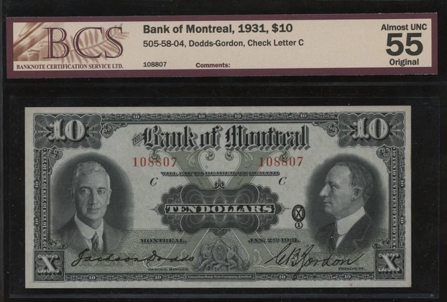 Bank of Montreal $10, 1931 - BCS AU55, original