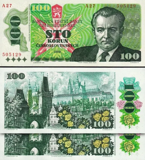 Czechoslovakia 100 Korun 1989, UNC, 2 Pcs PAIR, Consecutive, P-97, Prefix A27