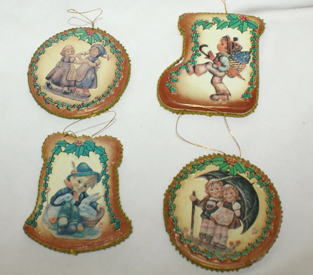 VTG LOT OF 4 Hummel Christmas Ornaments Pressed Paper Mache Leather