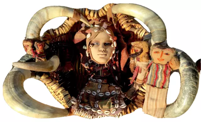 African Wall Art Sculpture; Basket Woman, Fabric Dolls, Sheep Horn, Cowries 26"