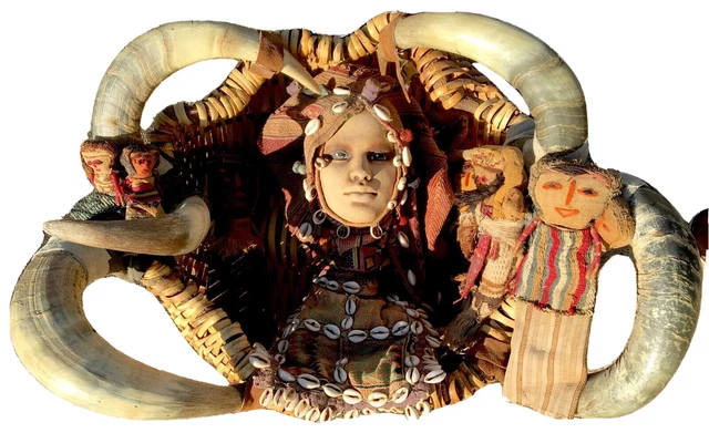 African Wall Art Sculpture; Basket Woman, Fabric Dolls, Sheep Horn, Cowries 26"