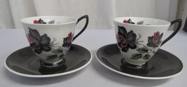 Royal Albert bone china Masquerade black white pink etc floral cup & saucers x 2