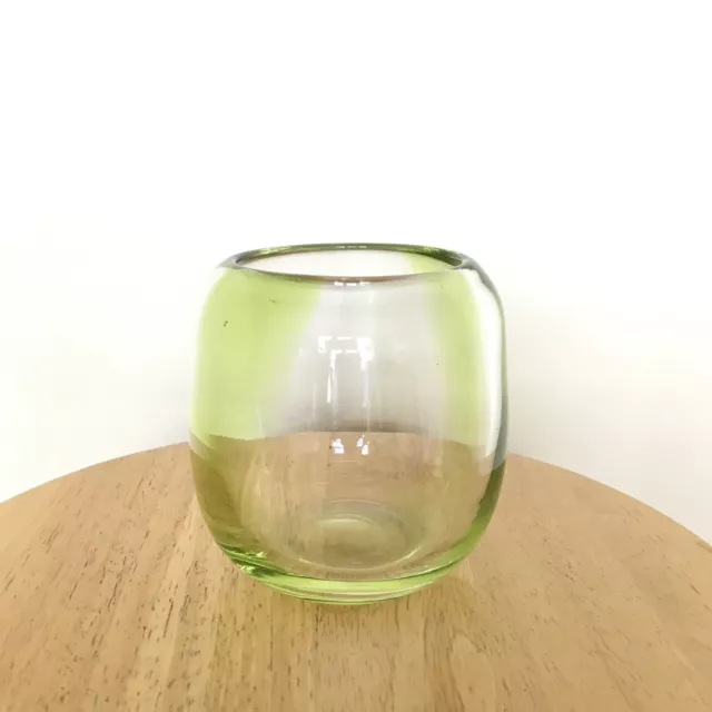 Hand Blown Art Glass Heavy Clear With Lime Green Stripe Decorative Vase Vessel