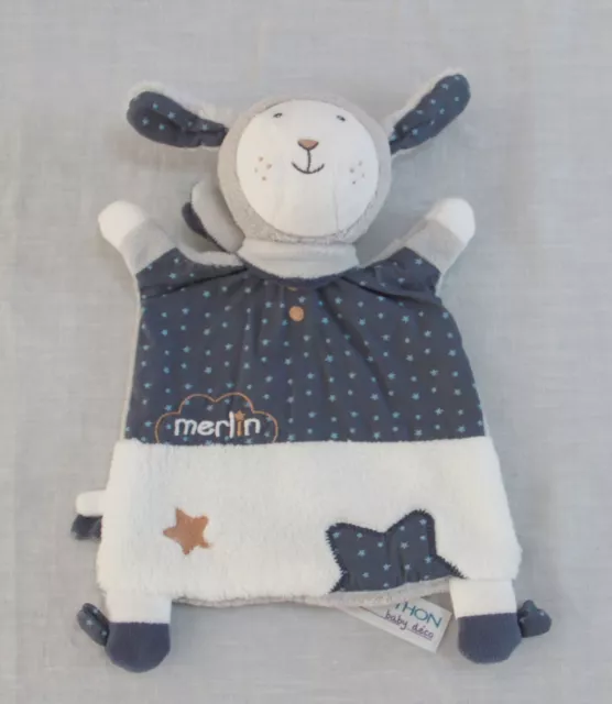 Doudou Plat Lapin Mouton Bleu Blanc  Gris Etoile Merlin Sauthon  État  Neuf