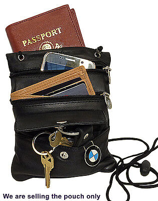 Black Passport Leather ID Holder Neck Sling Pouch Travel Wallet String Purse