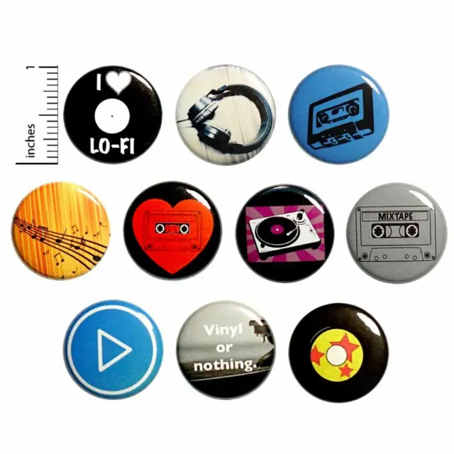 Vintage Audio Themed Buttons Pins for Backpacks Records 10 Pack 1 Inch 10P5-2