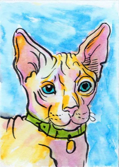 Sphynx Cat in Green Collar Pet Feline Original Painting ACEO Art Card 2.5 x 3.5