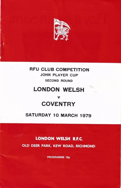 London Welsh v Coventry 10 Mar 1979 Old Deer Park RUGBY PROGRAMME