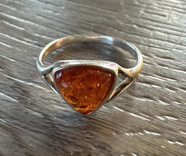 Bague Vintage En Argent Massif Et Ambre - Forme Fleur, Taille 54, Occasion
