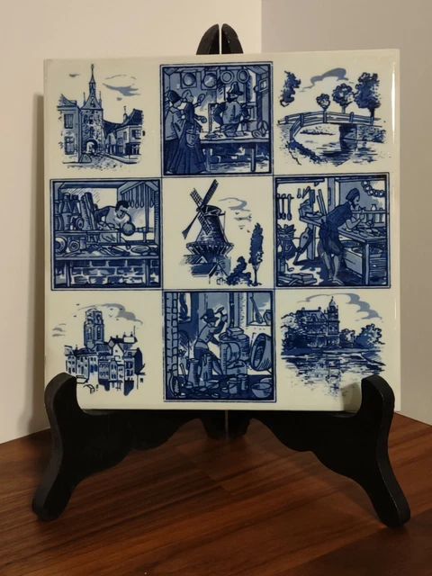 Vintage Ceramic Tile, Holland Scenery, Windmill, Workers Delft Dutch 6"