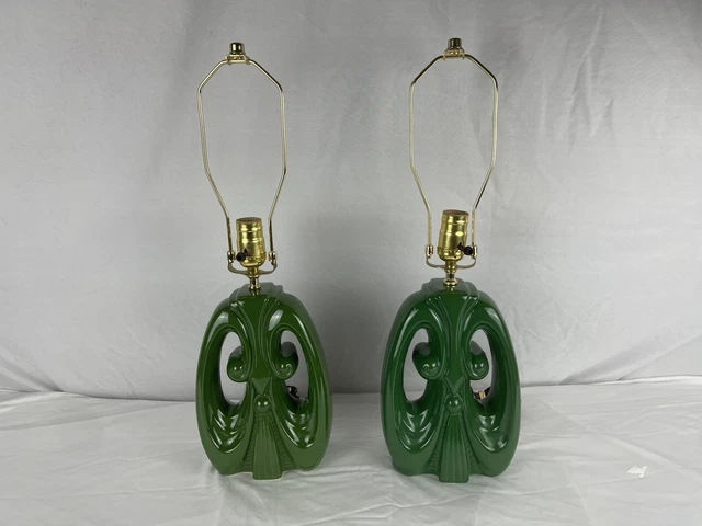 Pair Art Deco Revival Green Abstract Ceramic pottery Table Lamps