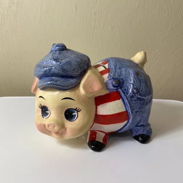 Vintage Ceramic Pig in Red Stripes & Overalls Painted Piggy Coin Bank 6" EUC