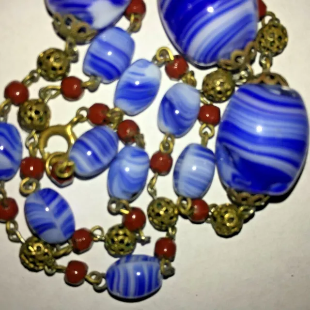 Vtg/Antq blue/white Italian Lampworks necklace murano venetian handblown glass