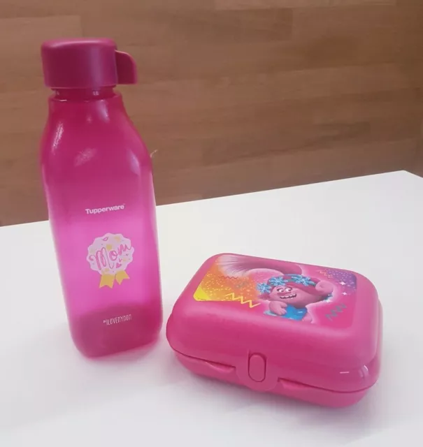 TUPPERWARE: SET MERENDA FUCSIA ecobottiglia I Love My Mom 500ml + ostrica TROLLS