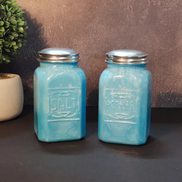 BLUE MILK DEPRESSION STYLE GLASS SALT & PEPPER SHAKERS, Vintage, Farmhouse Jar
