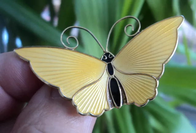 LARGE Norwegian Silver & Yellow Enamel Butterfly Brooch - David Andersen Norway