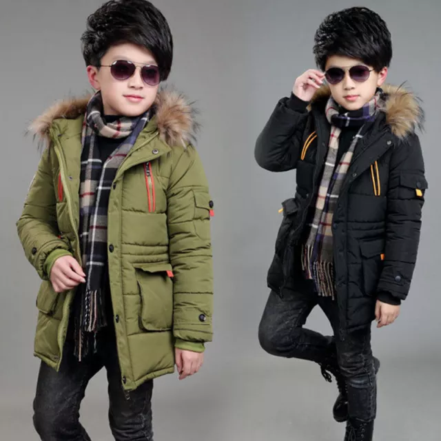 Boys Kids Back To School Fur Hooded Parka Jacket Winter Warm Coat