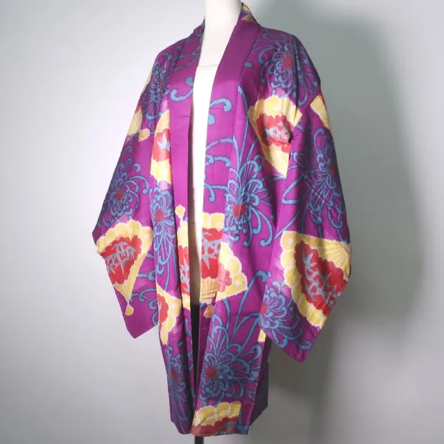 8852B1 Silk Vintage Japanese Kimono Haori Jacket Spreading Chrysanthemum Meisen