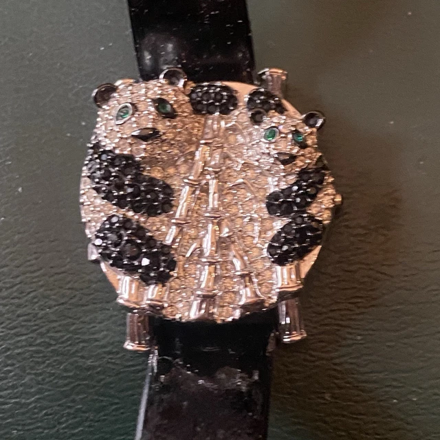 VICTORIA WIECK BLACK Leather Pave Crystals Panda Bears Watch  display picture 2
