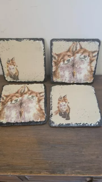 4 Hand Decorated Decoupaged Fox Cub Slate Tile Coasters Drinks Mats Rustic