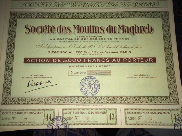 ACTION SOCIÉTÉ Des MOULINS Du MAGHREB, Vers 1960.