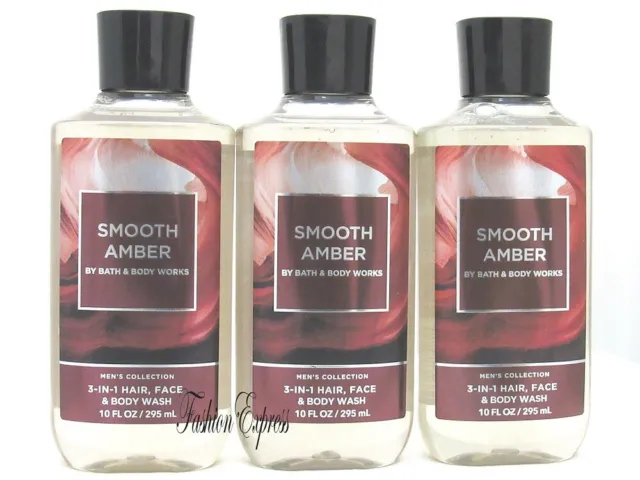 Bath & Body Works Smooth Amber Men's 3-In-1 Hair Face Body Wash 10 Fl Oz X 3 Pcs
