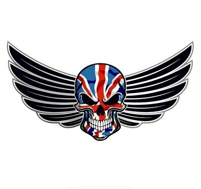 WINGED Biker SKULL wings & Union Jack British GB Flag car bike sticker Decal