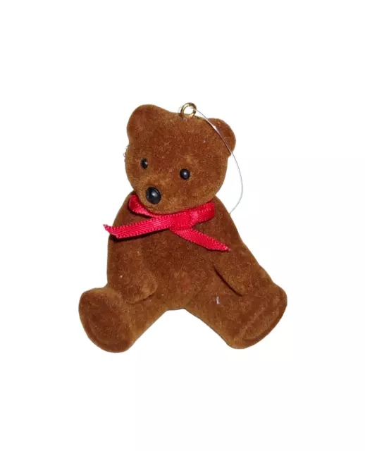 Vintage Fuzzy Flocked  Brown Teddy Bear  Miniature Christmas Ornament 2 3/4"