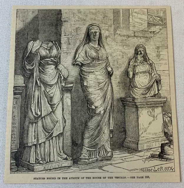 1887 magazine engraving ~ STATUES IN HOUSE OF THE VESTALS ~ virgins