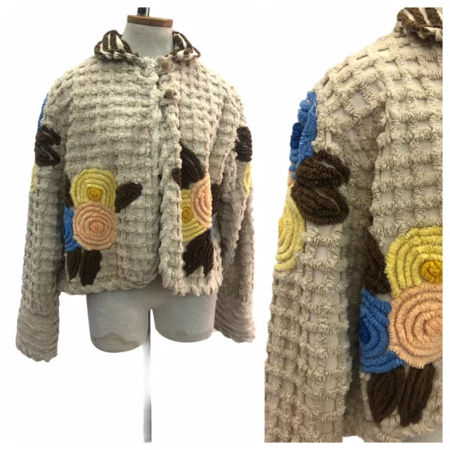 Vintage VTG 1960s 1970s 60s 70s Boho Beige Textured Floral Jacket Coat