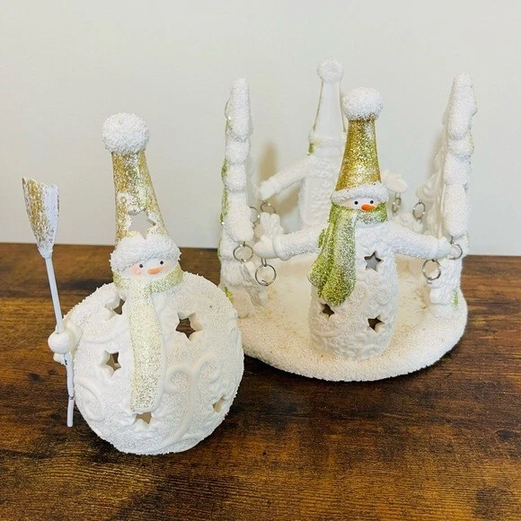 Yankee Candle Sparkly Snowman Large Candle Holder + Votive Holder Set