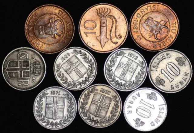 ICELAND ~ 1940s-80s ~ 10 Aurar ~ 10 Coins ~ WONDERFUL SET! ☘️ BIN LOT-#173 ☘️
